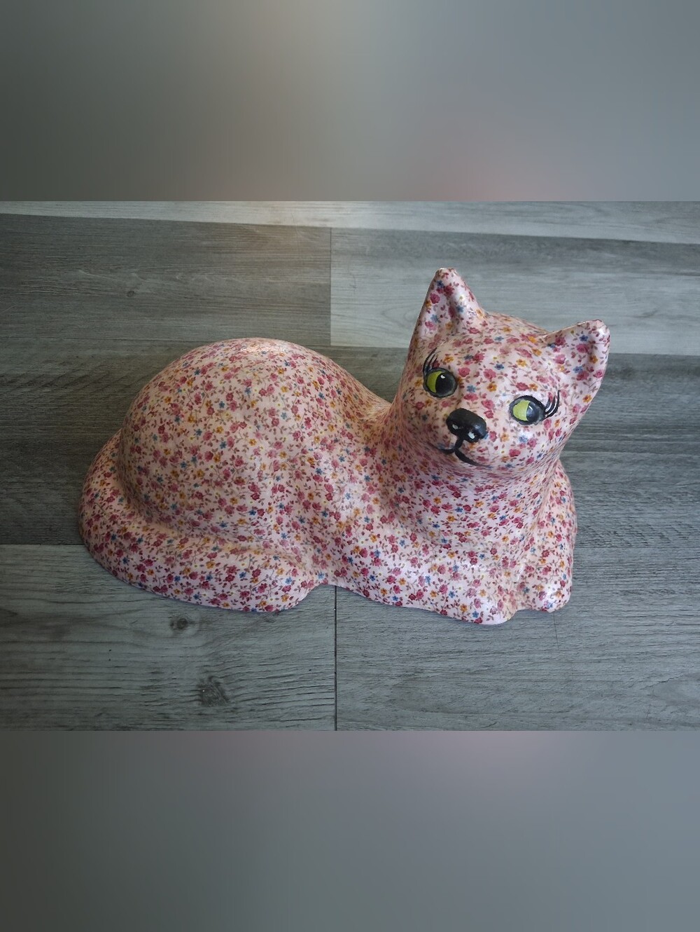 vintage pink floral decoupage  cat figurine/door Stopper